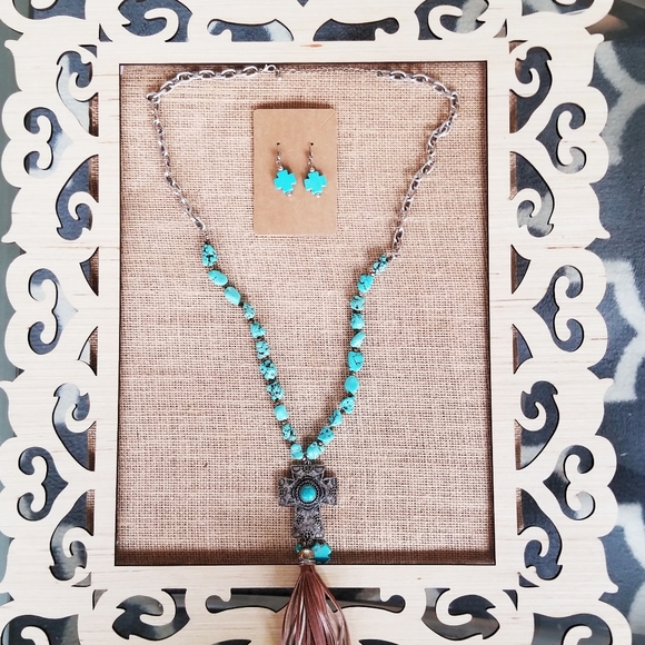 Turquoise Cross Tassel Necklace & Earring Set - Picture 6 of 6